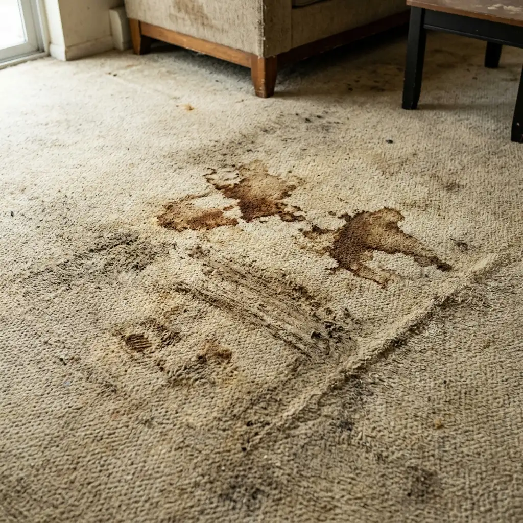 Dirty, stained carpet before professional cleaning