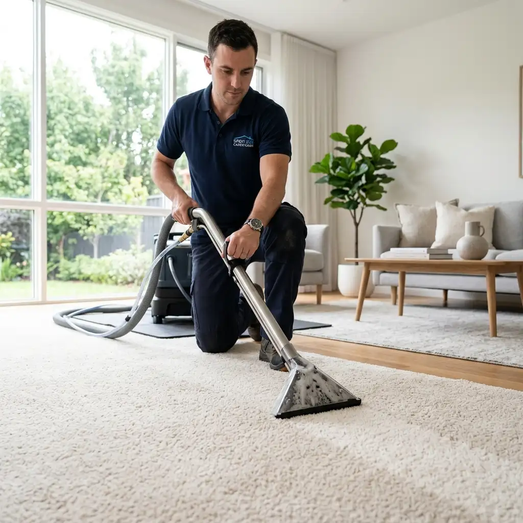Professional carpet cleaning technician using a modern extraction wand on a plush cream carpet