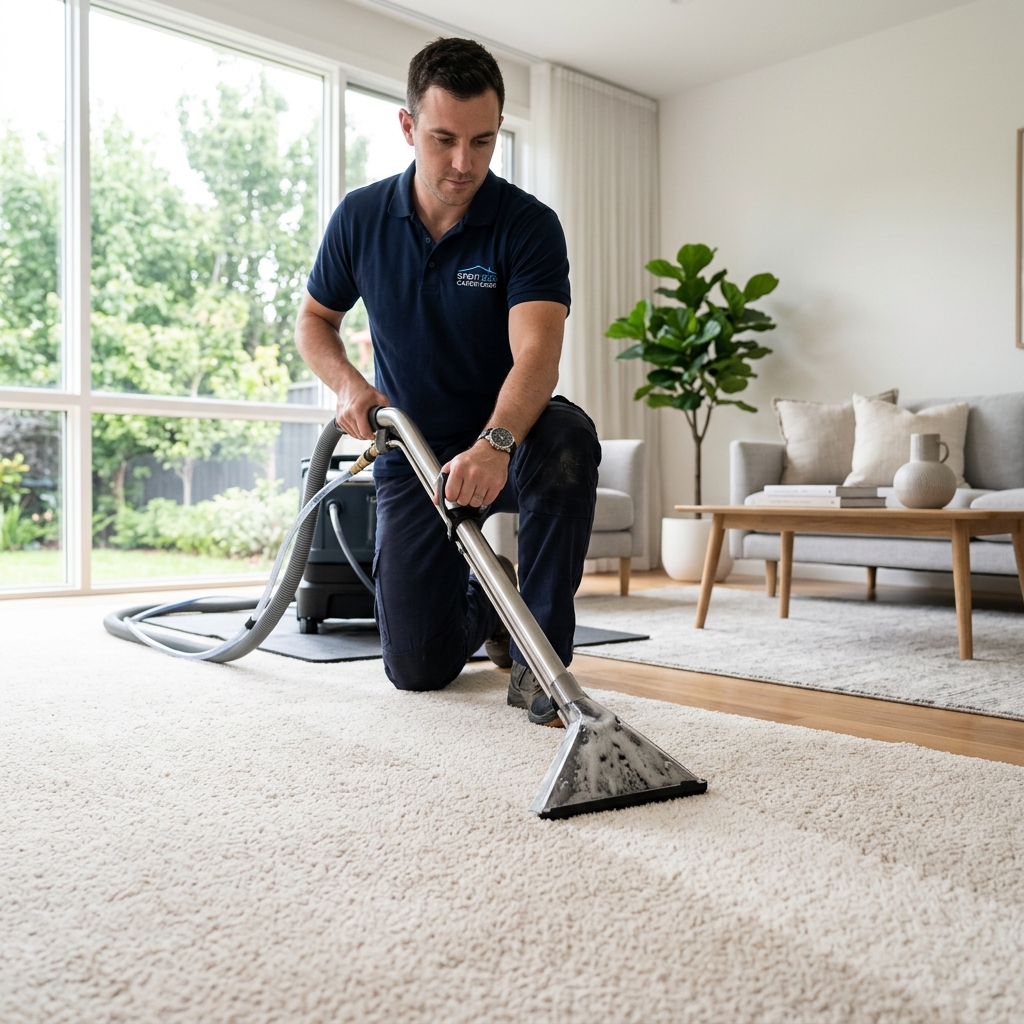 Professional carpet cleaning technician using a modern extraction wand on a plush cream carpet